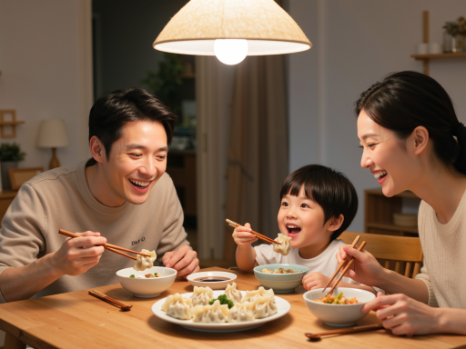 一家人围坐餐桌包饺子庆祝春节场景，桌上摆放饺子皮和馅料，温暖灯光背景