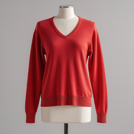 三十岁左右女性家庭成员头像，穿红色毛衣，客厅沙发背景