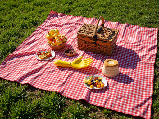 一家人在公园草地上野餐场景，铺着格子野餐垫，蓝天白云背景